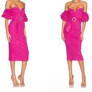 MAJORELLE Penelope Midi Off the Shoulder Dress in hot pink size S